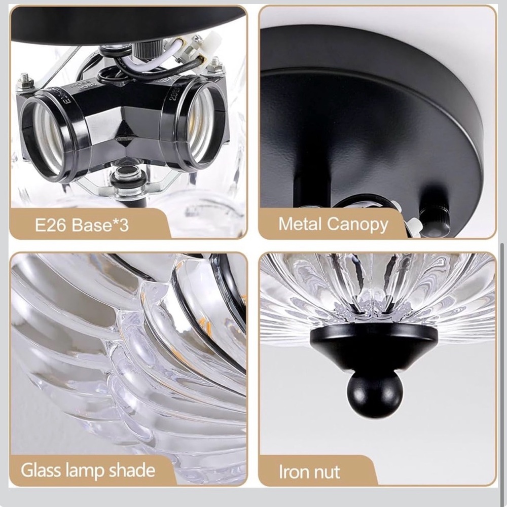 Modern Black Ceiling Light Fixture, 12" Clear Glass Flush Mount Chandeliers - Picture 6 of 6